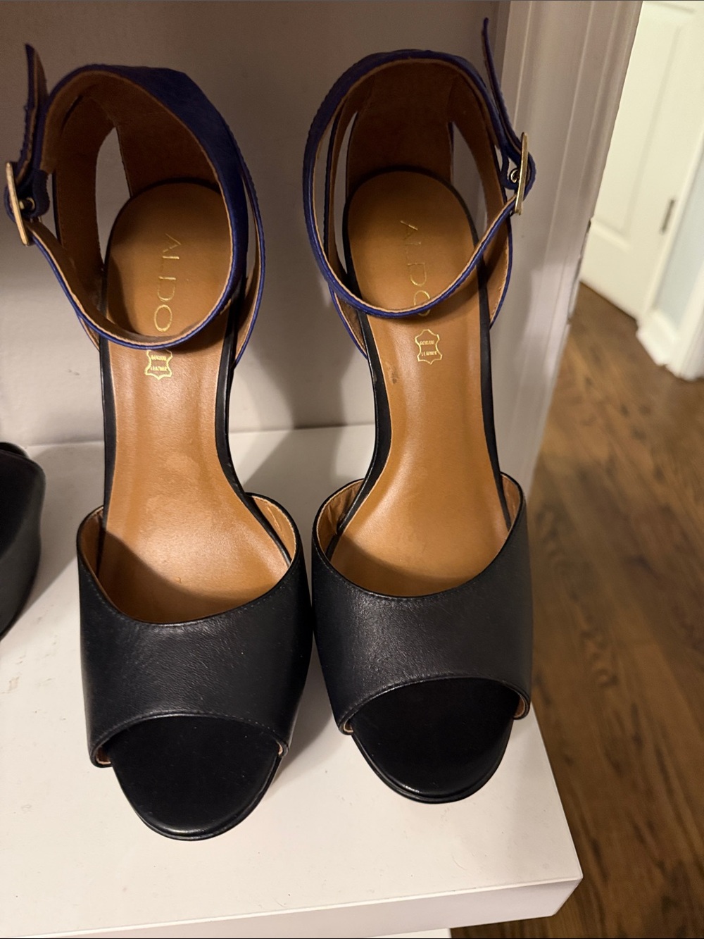 Aldo Black and Blue Leather Ankle-Strap Heels
